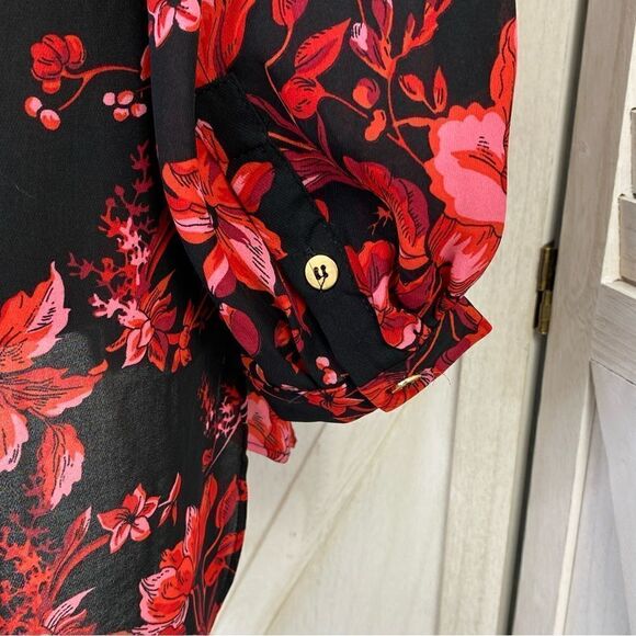 Joan Vass Floral High Low Button Front Blouse Black Red XS - Picture 7 of 14